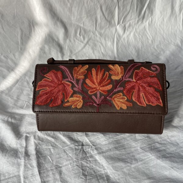 Brown Leaf Embroidered Box Clutch