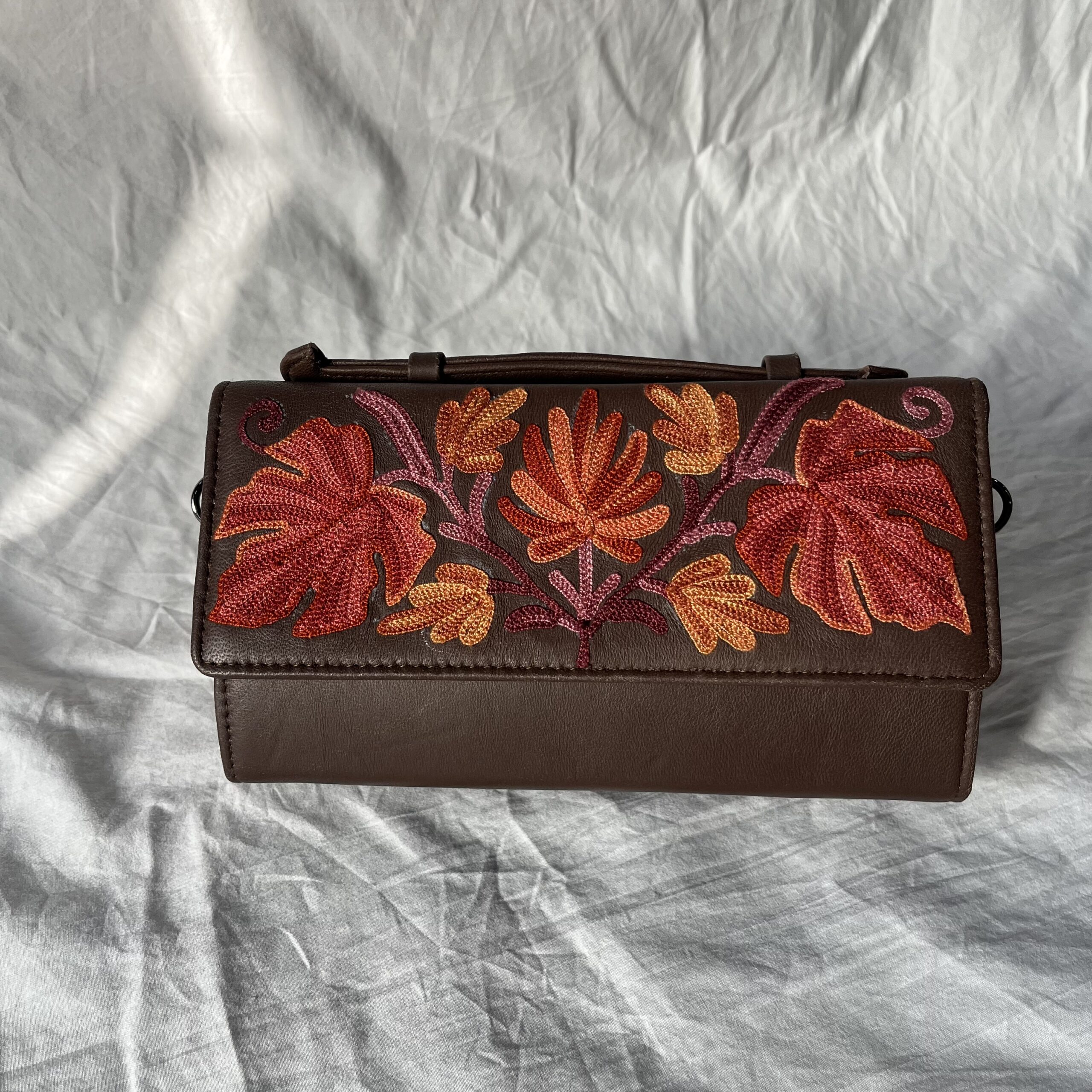 Brown Leaf Embroidered Box Clutch