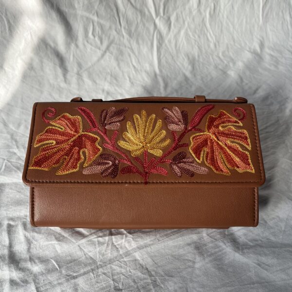 Brown Leaf Embroidered Box Clutch