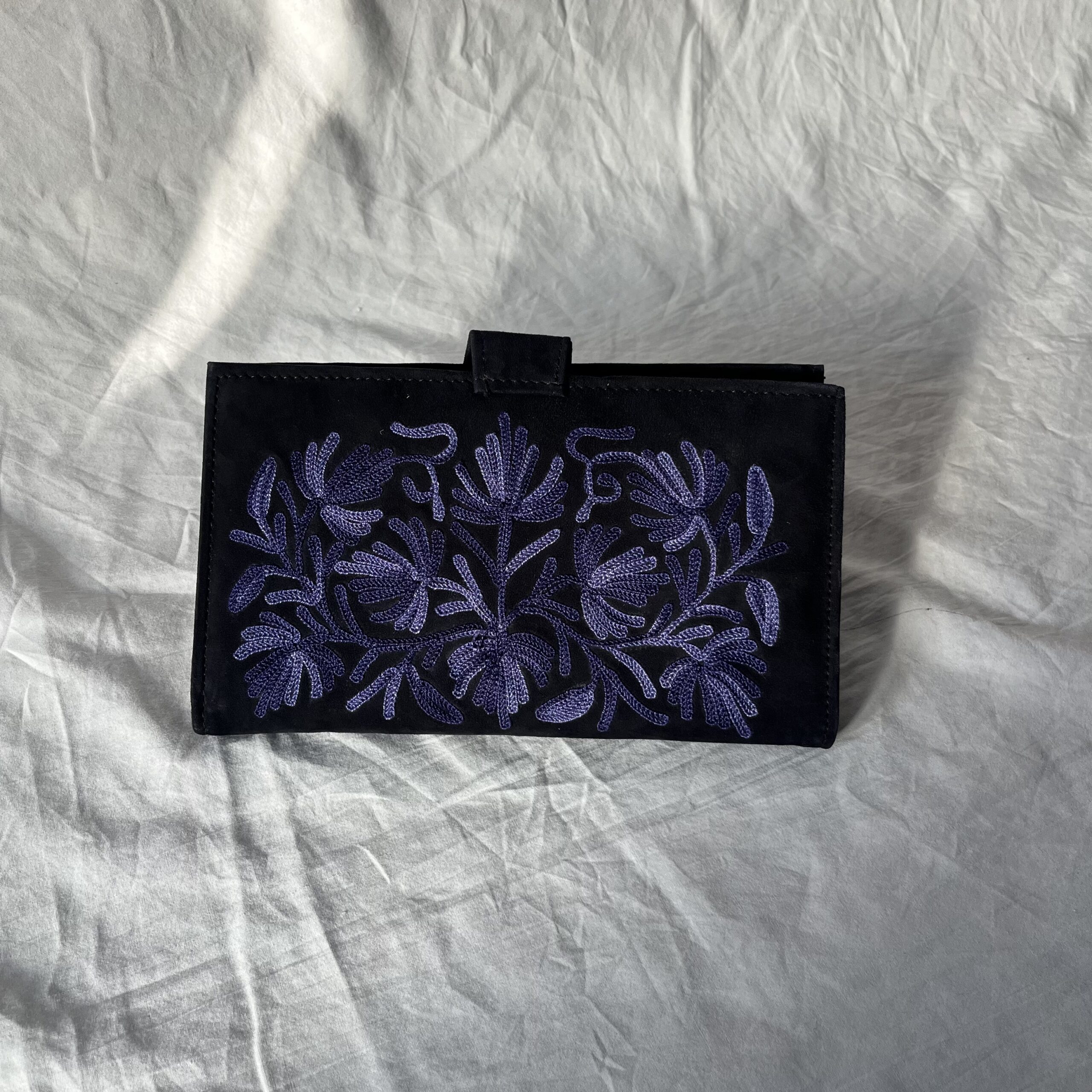 Midnight Black Pouch with Royal Blue Floral Embroidery - Image 2