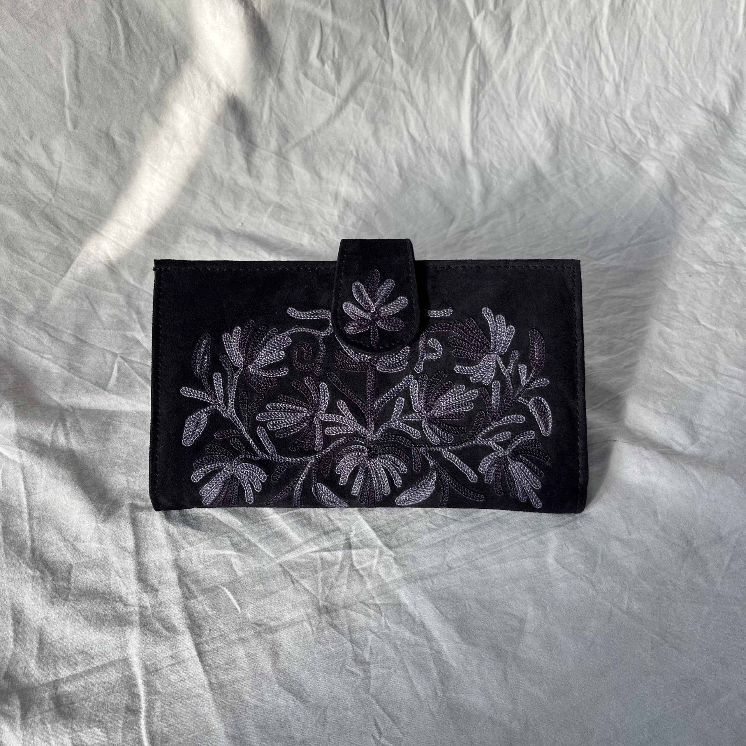 Midnight Black Pouch with Royal Purple Floral Embroidery