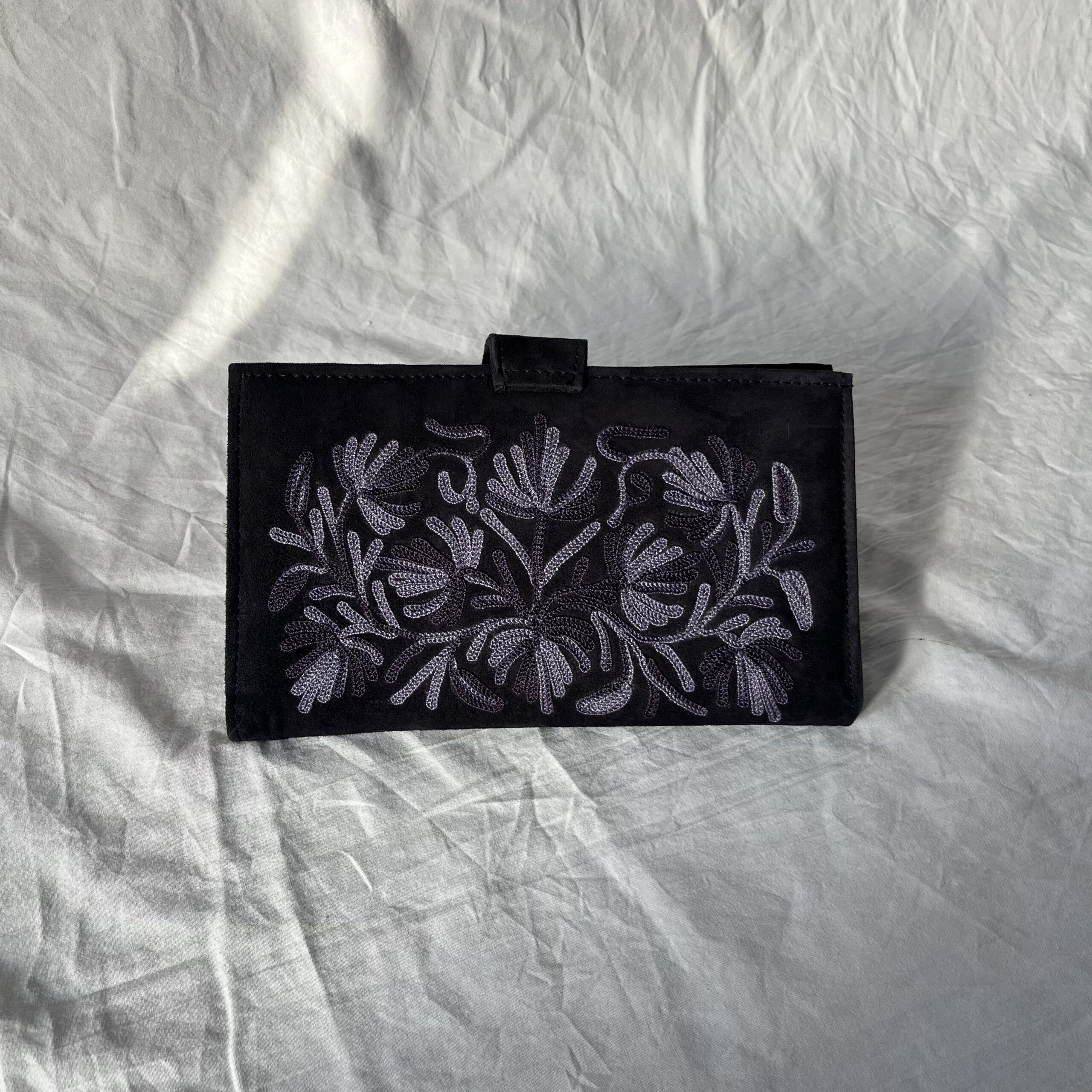 Midnight Black Pouch with Royal Purple Floral Embroidery - Image 2