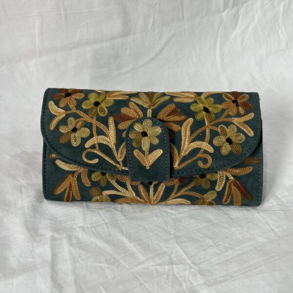 Dark Teal Green Moon Wallet With Floral Embroidery