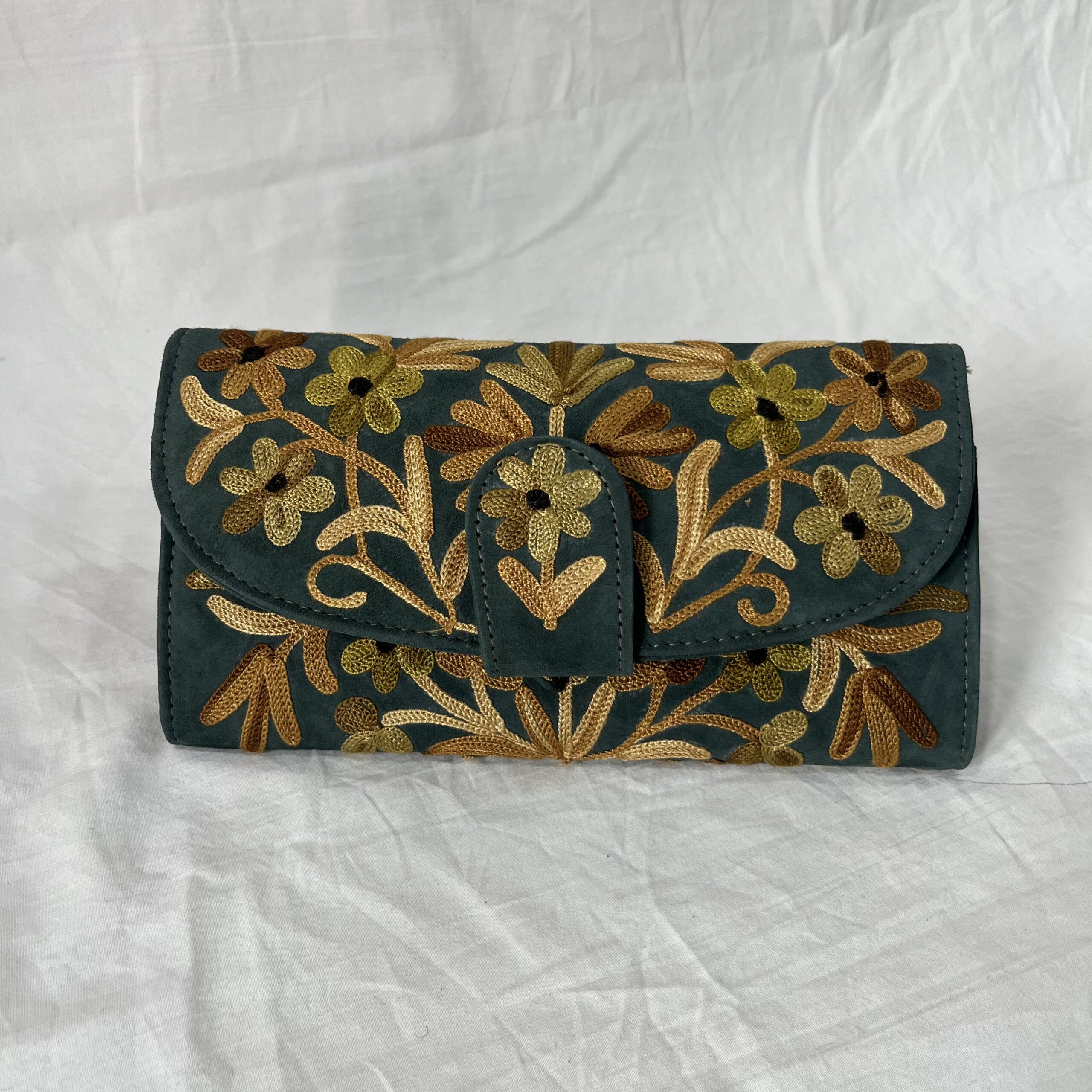 Dark Teal Green Moon Wallet With Floral Embroidery