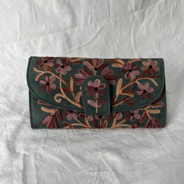 Teal Green Moon Wallet With Floral Embroidery
