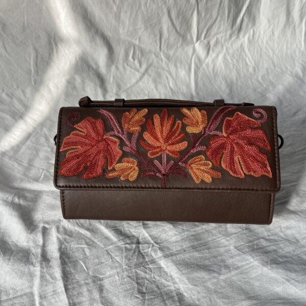 Brown Floral Embroidered Box Clutch
