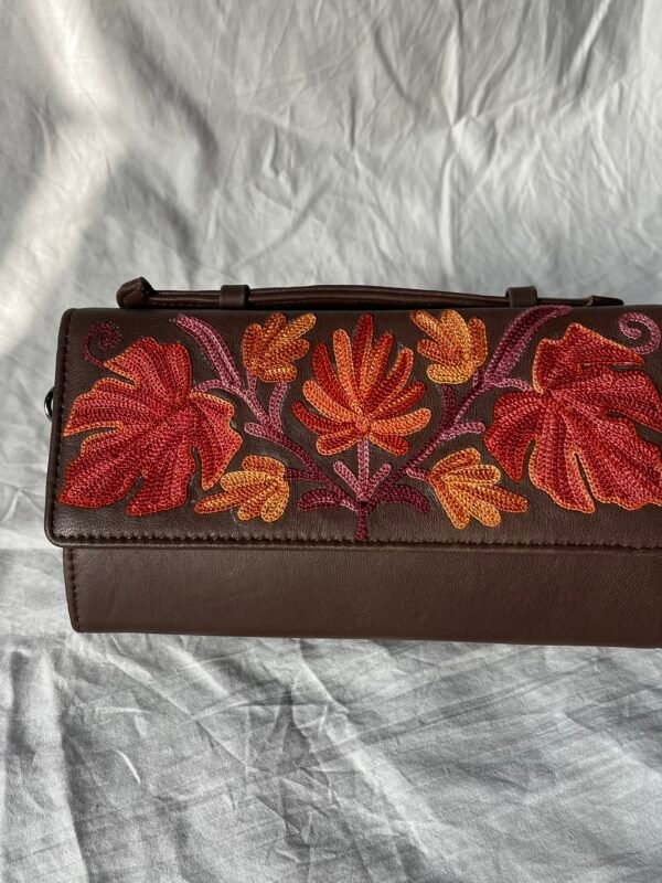 Brown Floral Embroidered Flap Pouch
