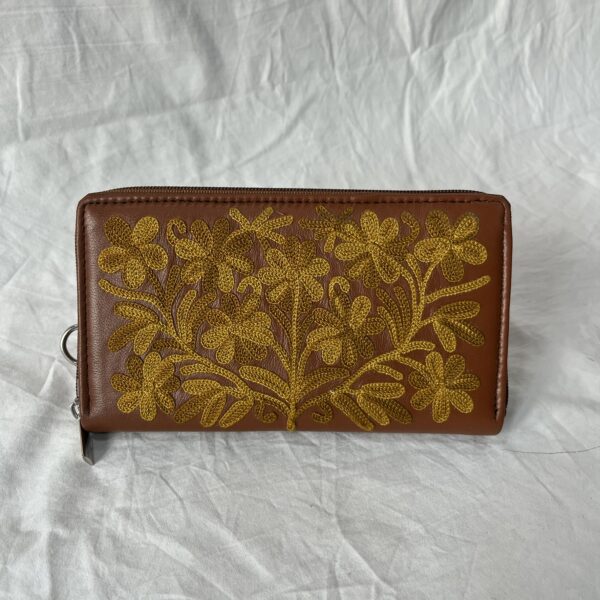 Earth Brown Pouch with Golden Floral Embroidery