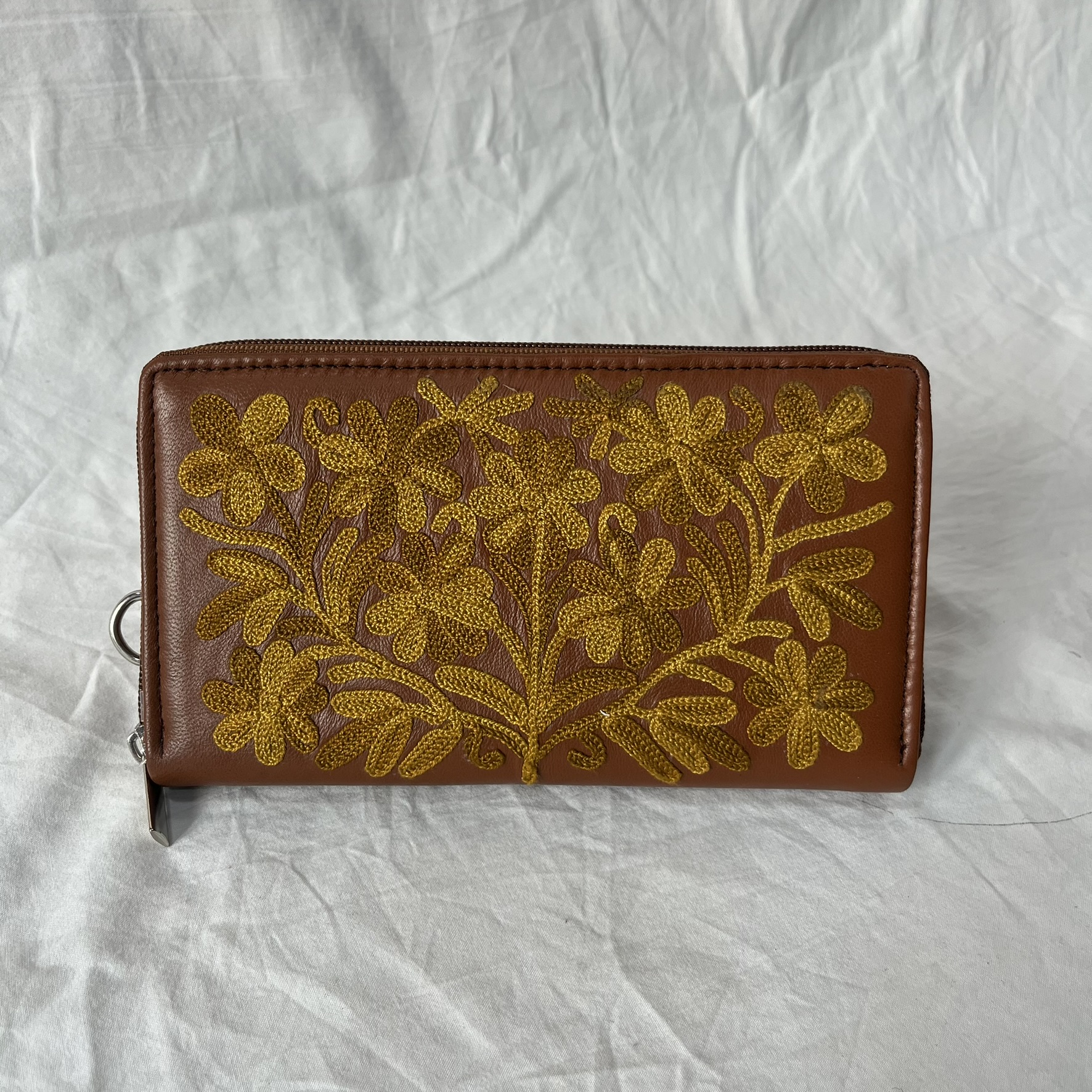 Earth Brown Pouch with Golden Floral Embroidery