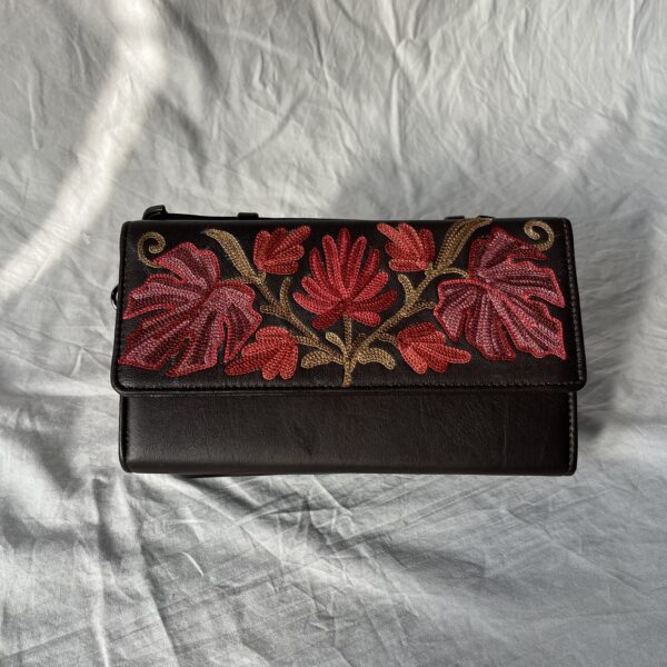 Black Maroon Leaf Embroidered Box Clutch