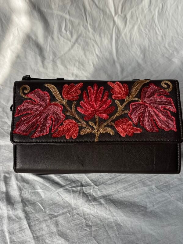 Black Maroon Leaf Embroidered Flap Pouch