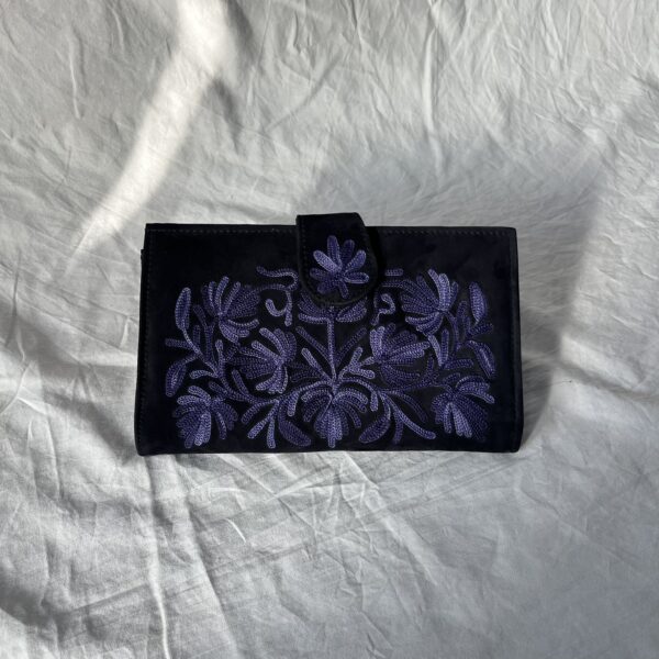 Midnight Black Pouch with Royal Blue Floral Embroidery