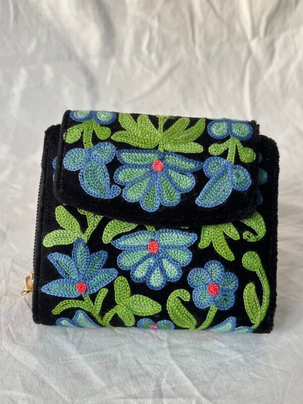 Blue-Green Floral Embroidered Zip Pouch