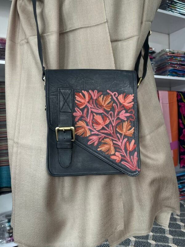 Black Floral Embroidered Sling Bag with Buckle Strap