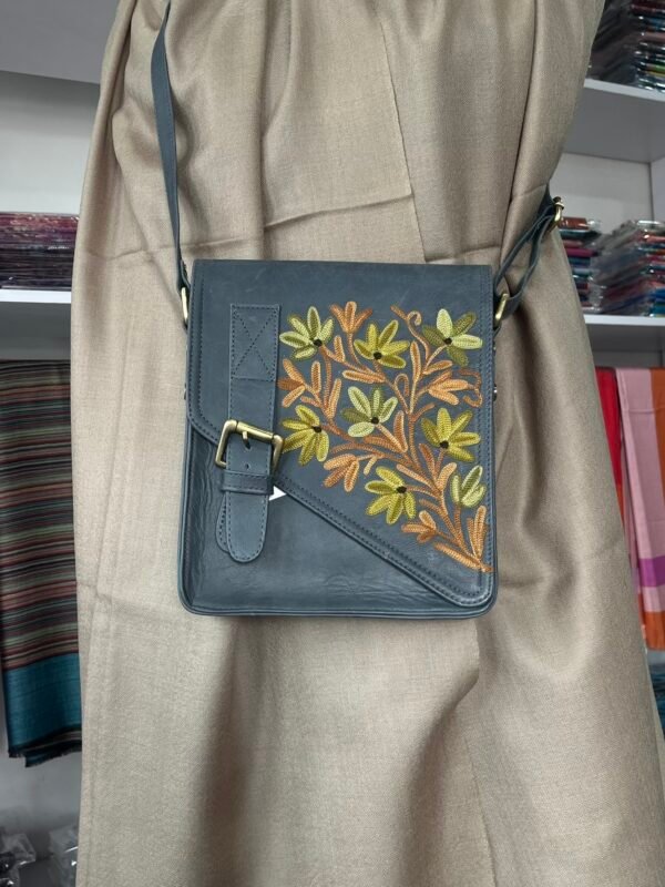 Charcoal Grey Sling Bag with Mustard & Olive Floral Embroidery