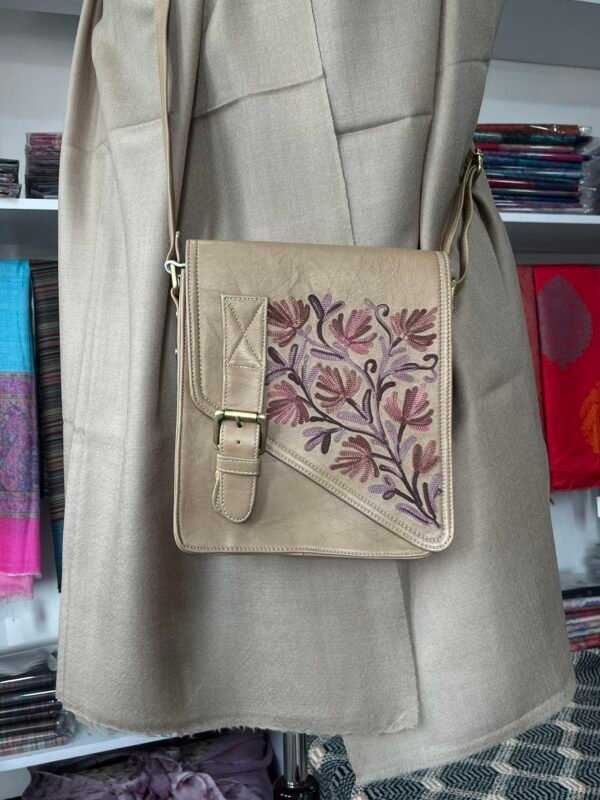 Beige Floral Kashmiri Embroidered Sling Bag