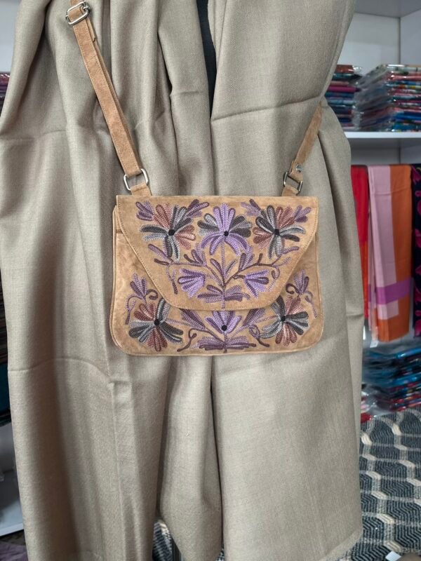 Beige Kashmiri Sling Bag with Lavender Floral Embroidery