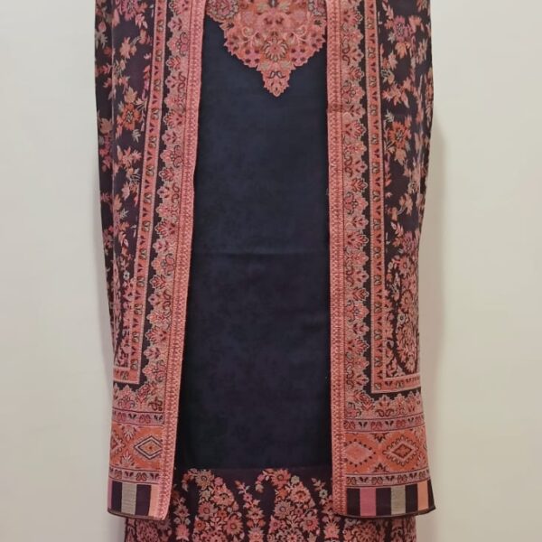 Woolen Suit Set unstitched with full work stole black pink