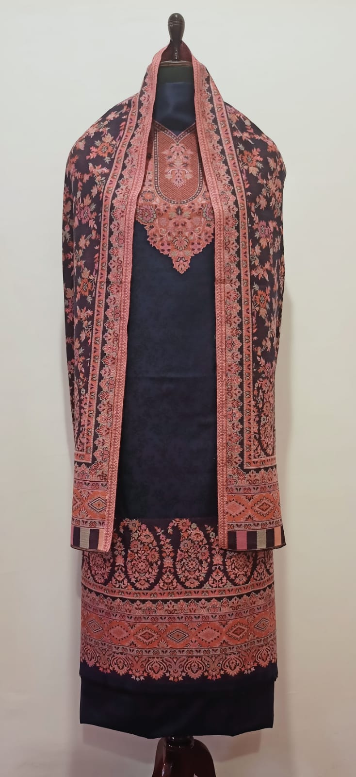 Woolen Suit Set unstitched with full work stole black pink