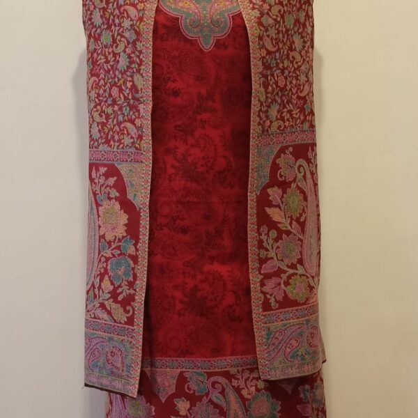 Woolen Suit Set unstitched with full work stole red 3