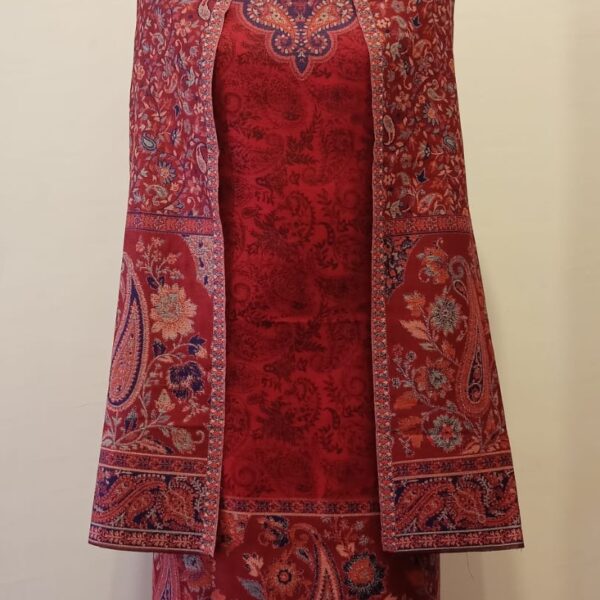 Woolen Suit Set unstitched with full work stole red 2