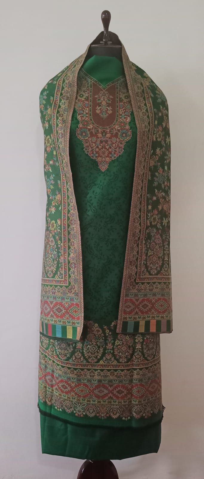 Woolen Suit Set unstitched with full work stole green