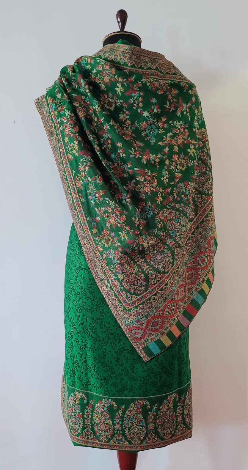 Woolen Suit Set unstitched with full work stole green - Image 2