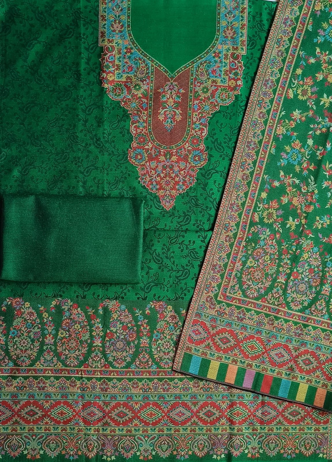 Woolen Suit Set unstitched with full work stole green - Image 4