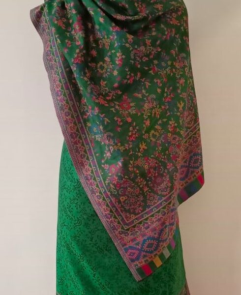 Woolen Suit Set unstitched with full work stole green pink