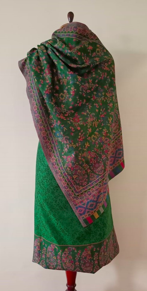 Woolen Suit Set unstitched with full work stole green pink
