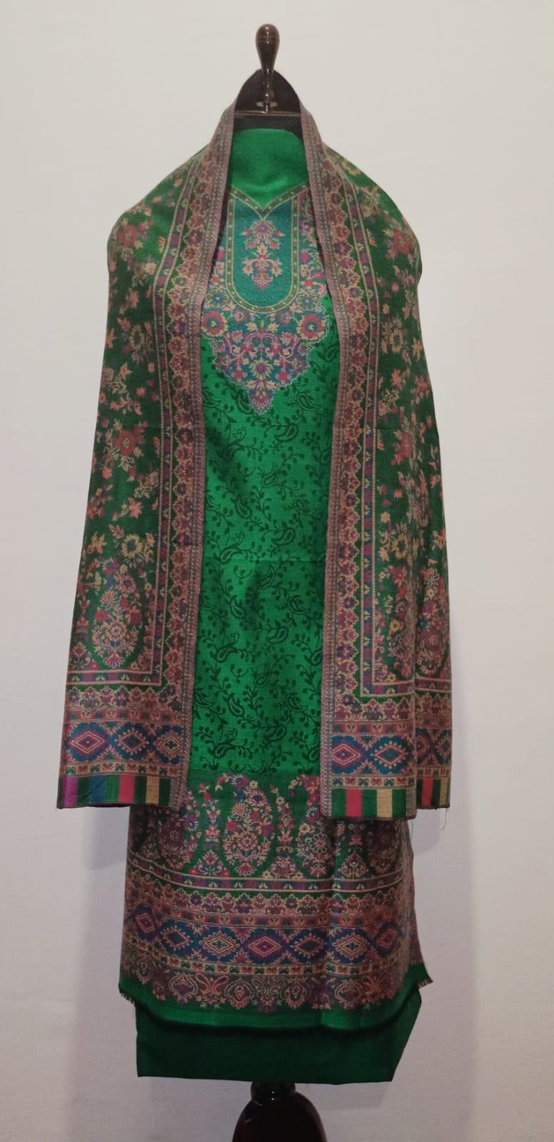 Woolen Suit Set unstitched with full work stole green pink - Image 3