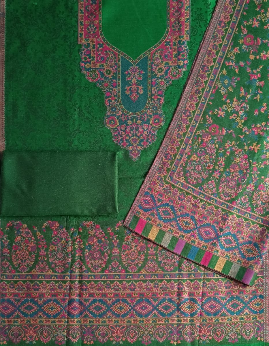 Woolen Suit Set unstitched with full work stole green pink - Image 4