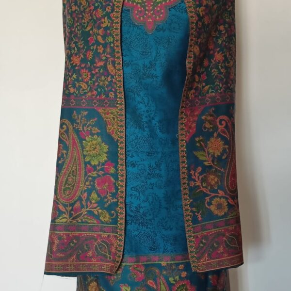 Woolen Suit Set unstitched with full work stole teal blue pink