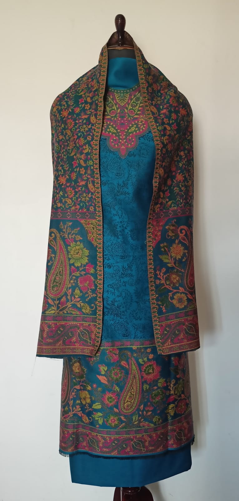Woolen Suit Set unstitched with full work stole teal blue pink