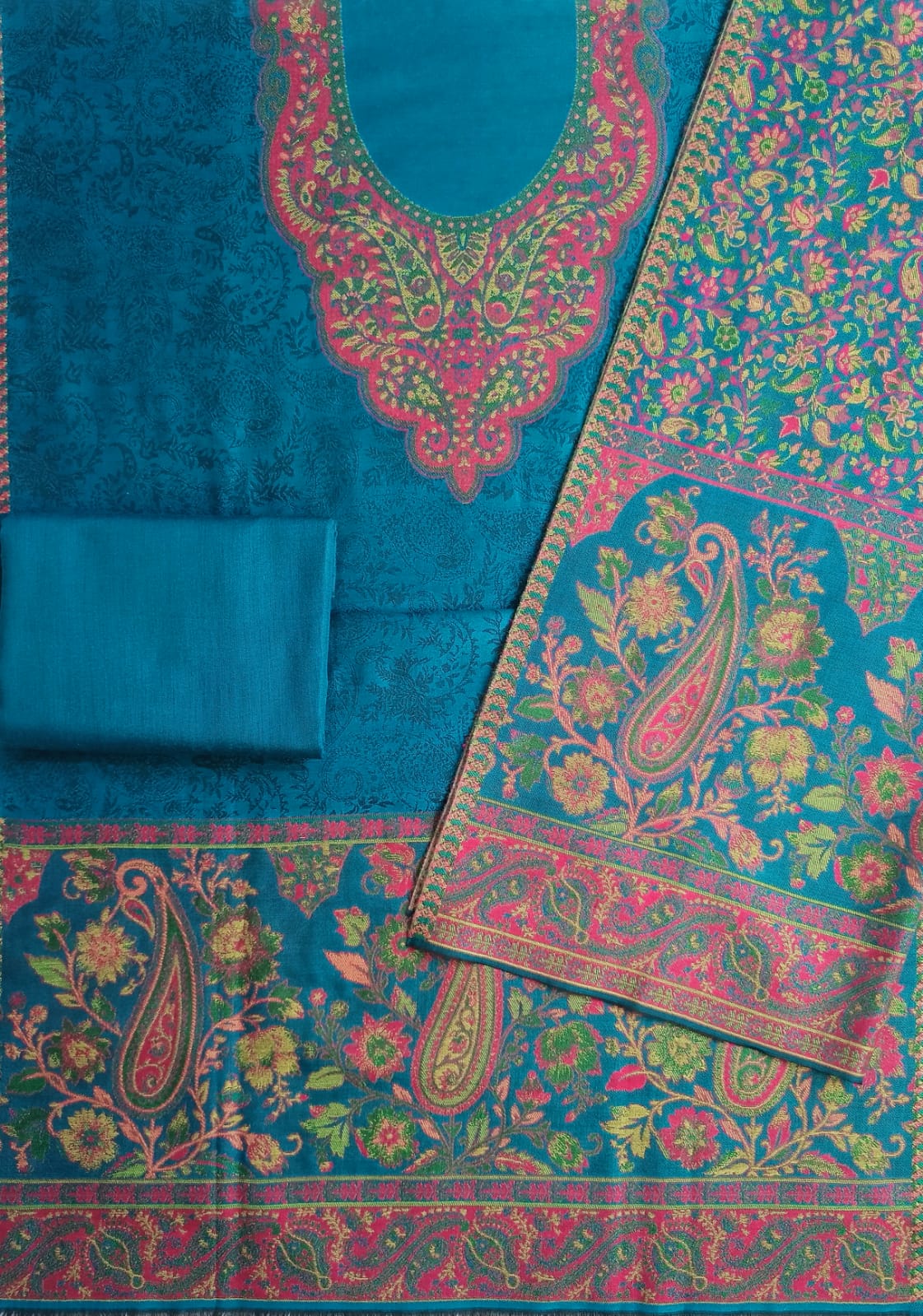 Woolen Suit Set unstitched with full work stole teal blue pink - Image 5