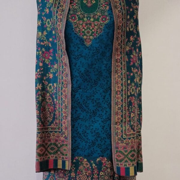 Woolen Suit Set unstitched with full work stole teal blue