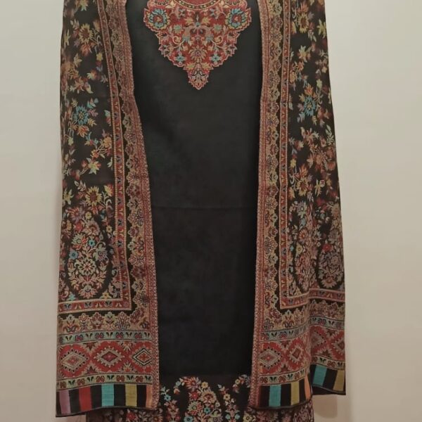 Woolen Suit Set unstitched with full work stole black