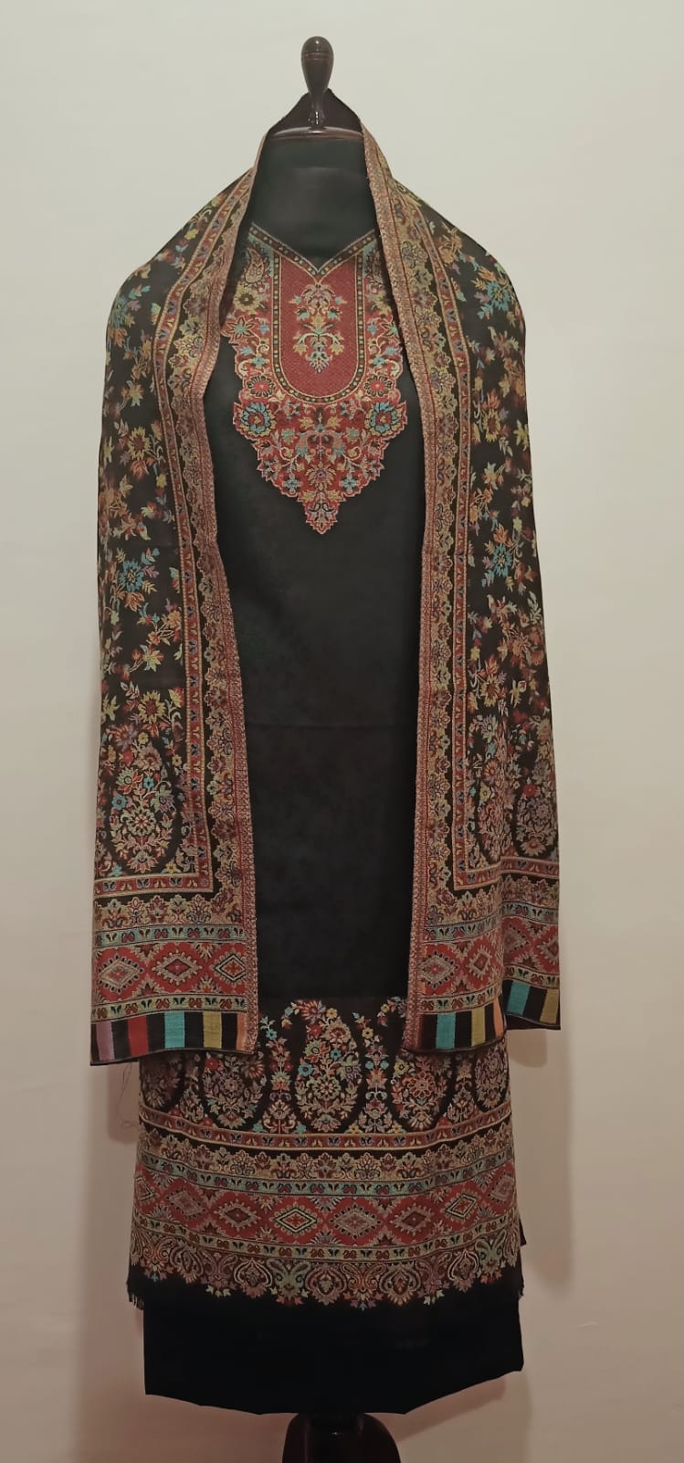 Woolen Suit Set unstitched with full work stole black