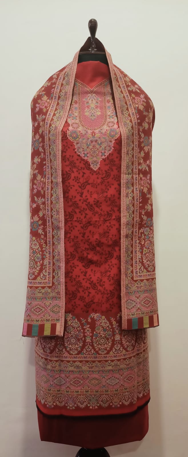 Woolen Suit Set unstitched with full work stole red
