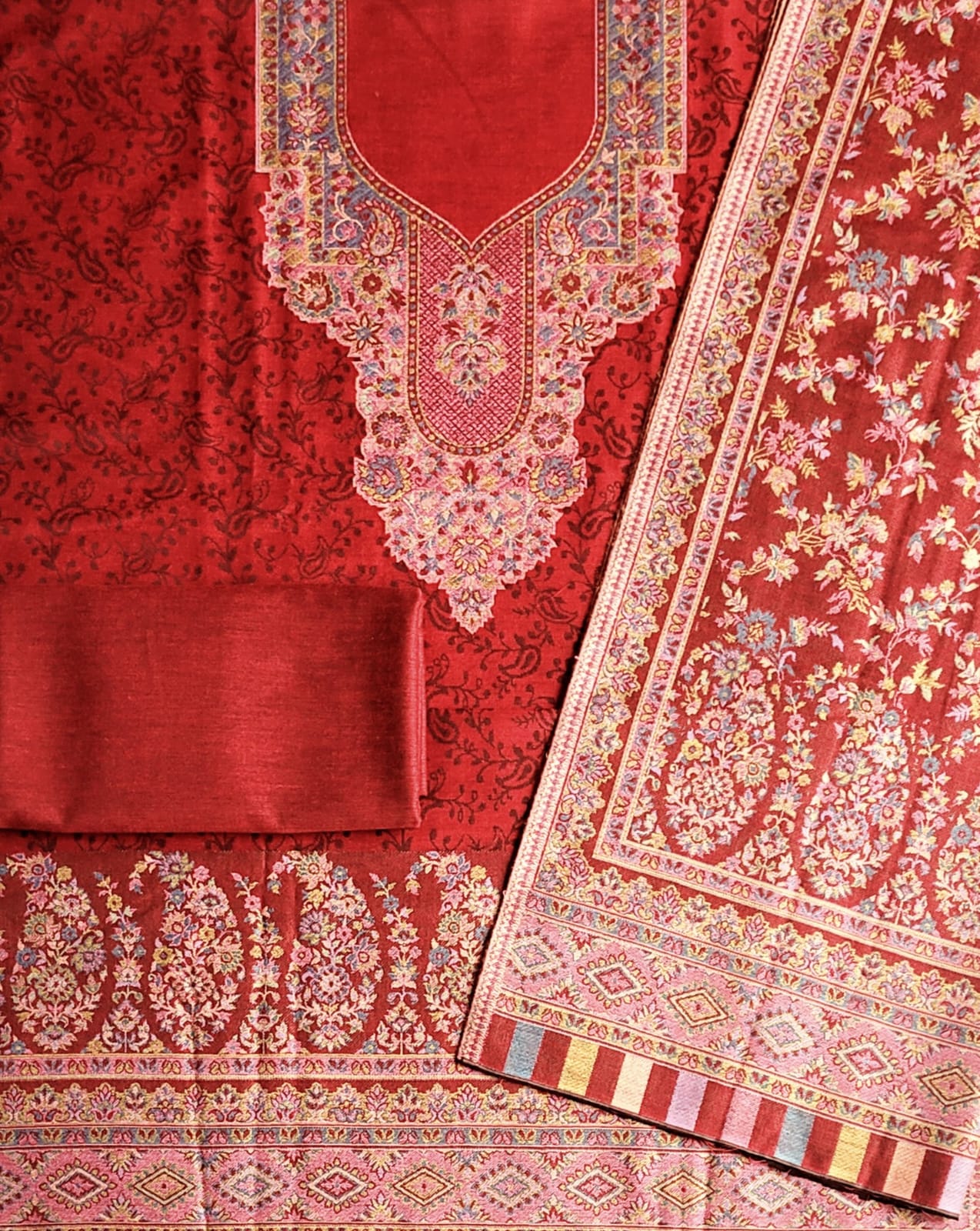 Woolen Suit Set unstitched with full work stole red - Image 5