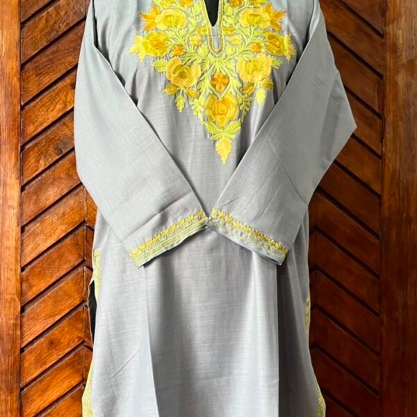 Grey Cotton Kurta with yellow Aari embroidery