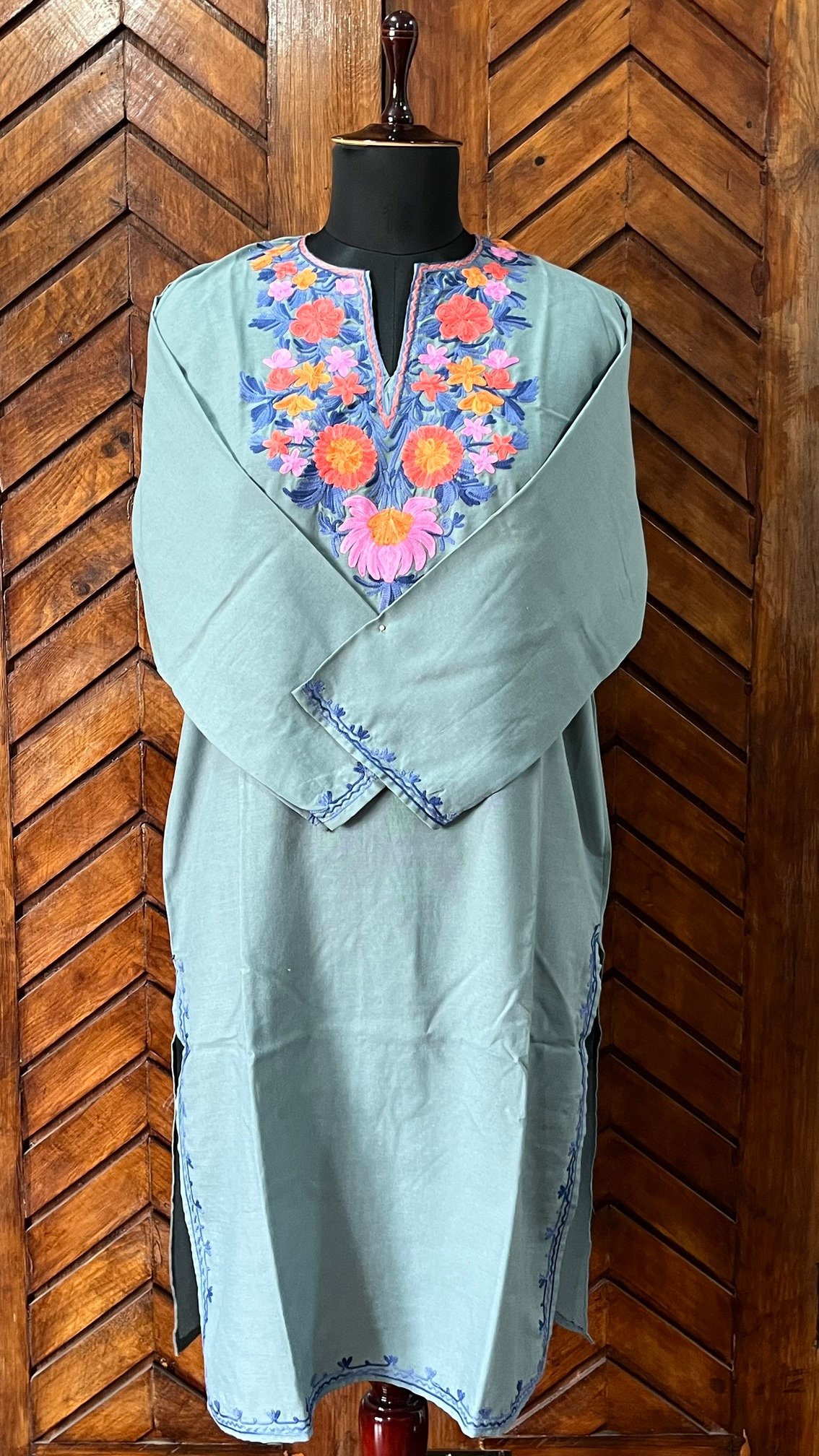 Powder Blue Cotton Kurta with aari embroidery