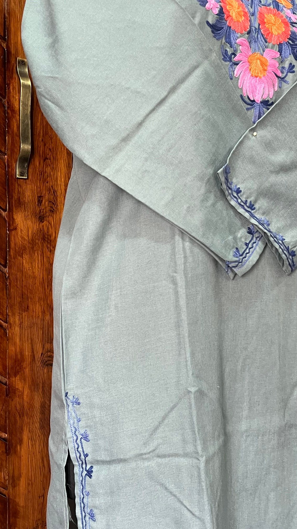 Powder Blue Cotton Kurta with aari embroidery Detail 2