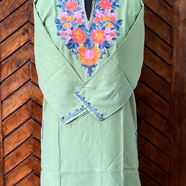 Pista Green Cotton Kurta with Blue Aari Work