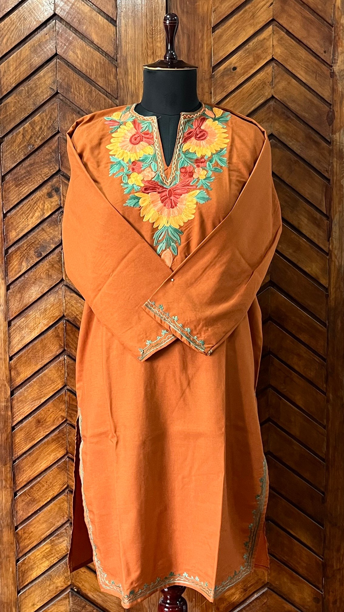 Rust Cotton Kurta with Green Aari Work