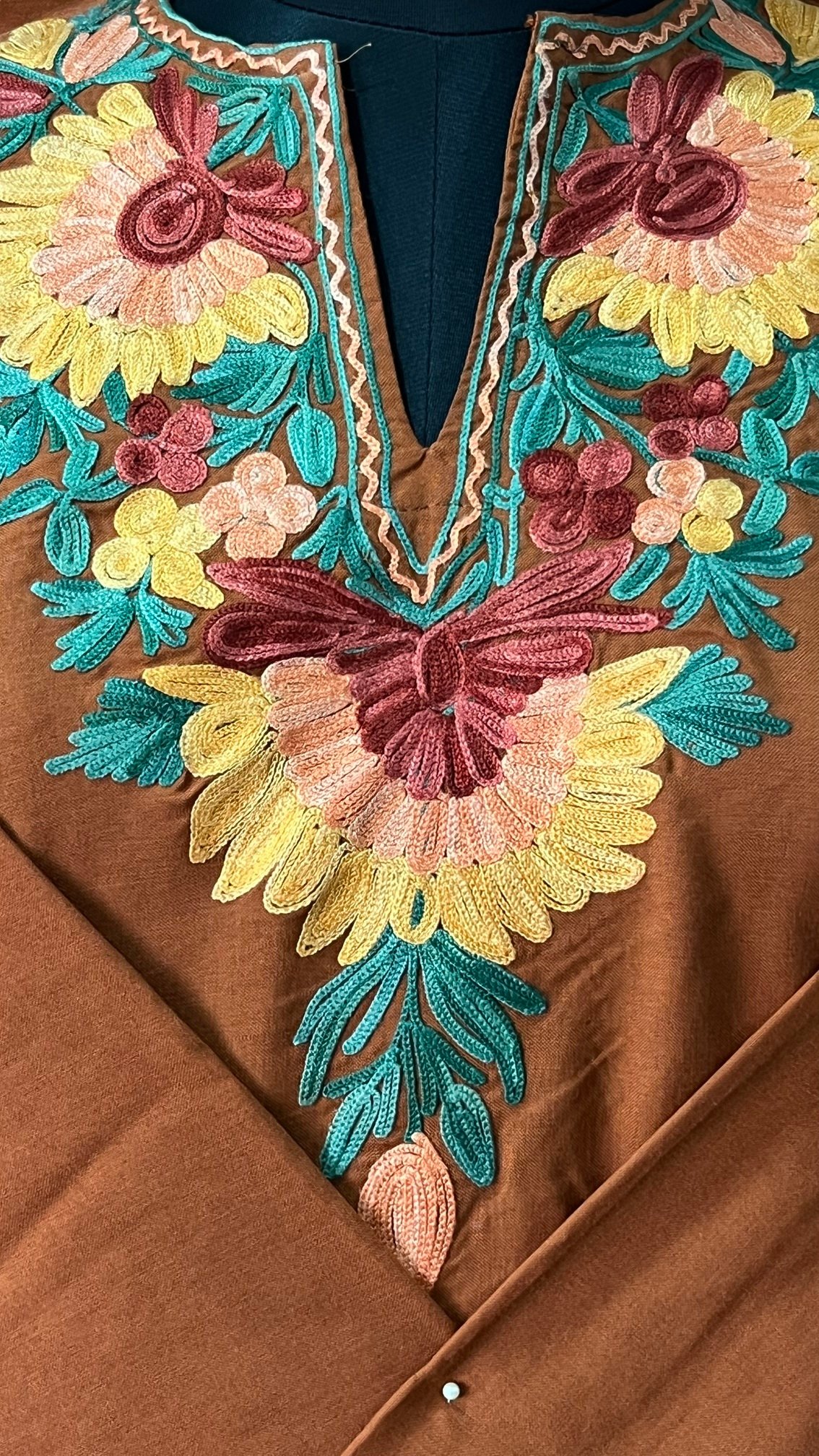 Rust Cotton Kurta with Green Aari embroidery Detail 2