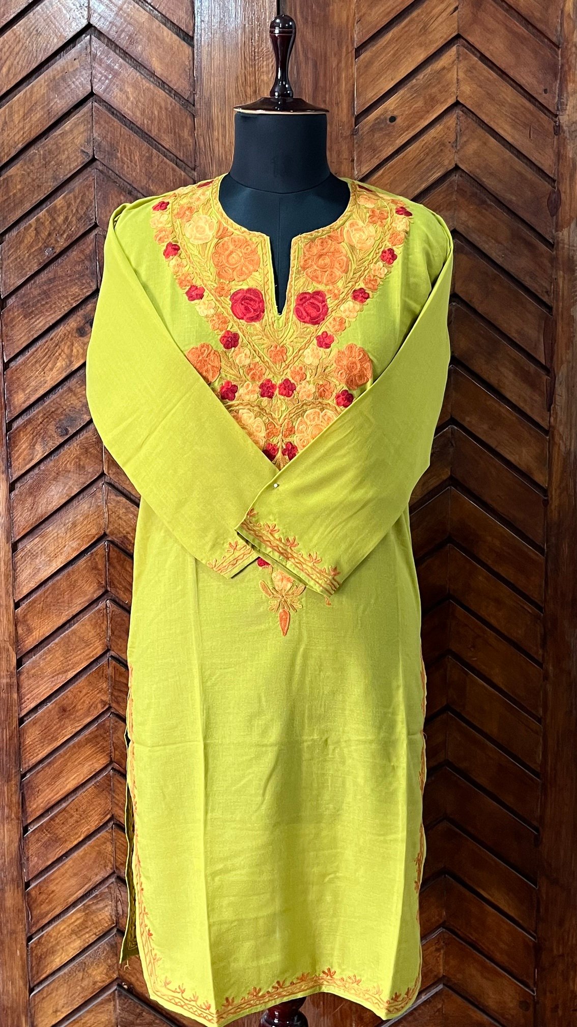 Mustard Cotton Kurta with Orange Aari Work