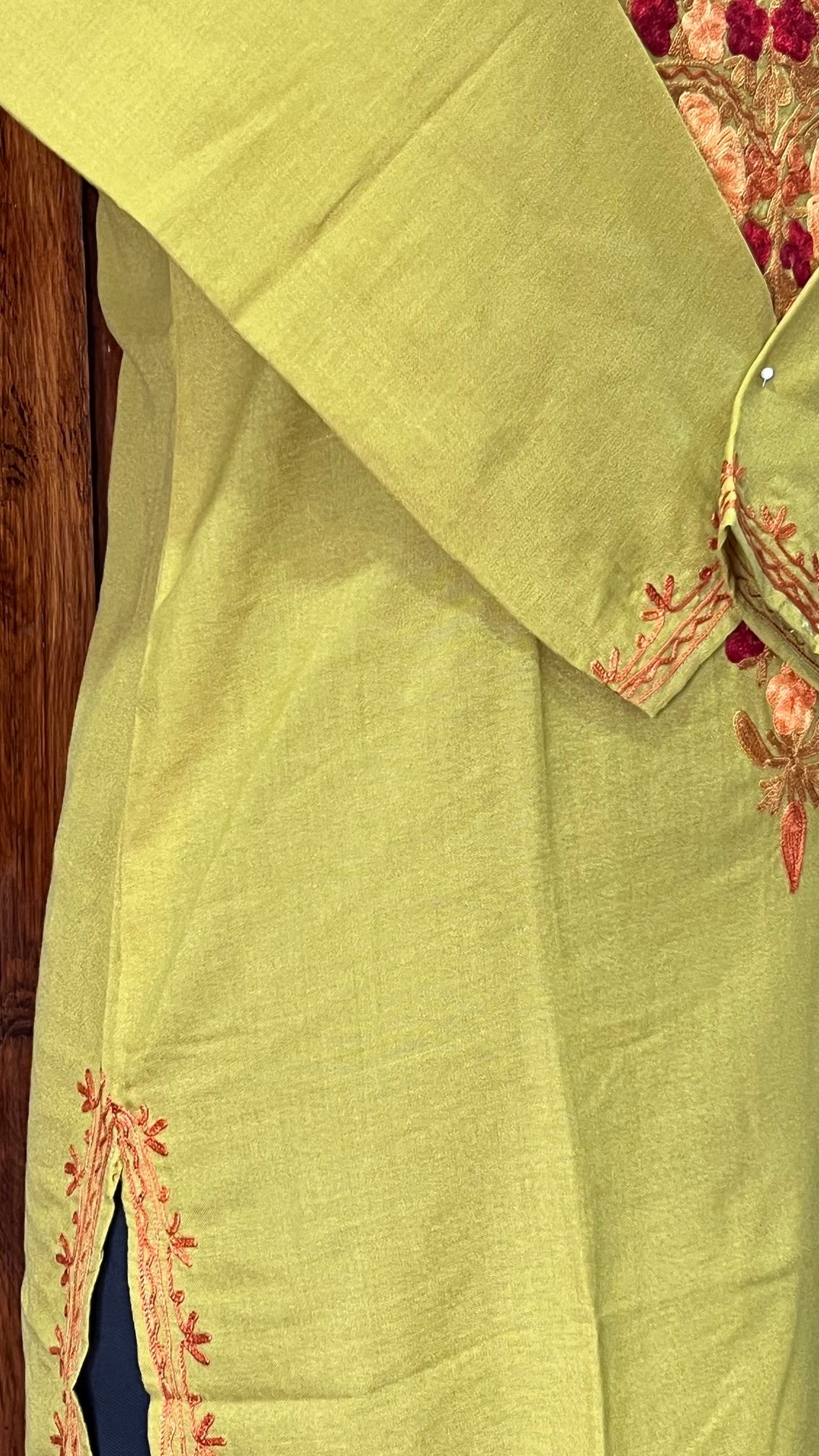 Mustard Cotton Kurta with Orange Aari Work Detail 2