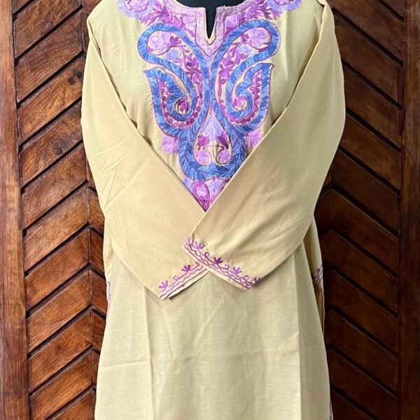 Beige Cotton Kurta with Purple Aari Work