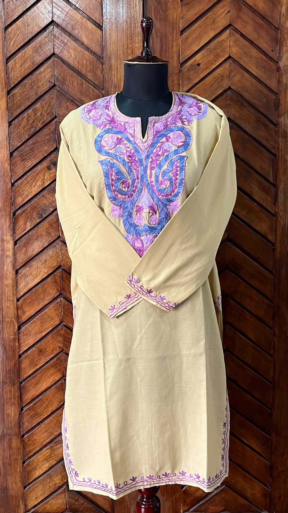 Beige Cotton Kurta with Purple Aari Work